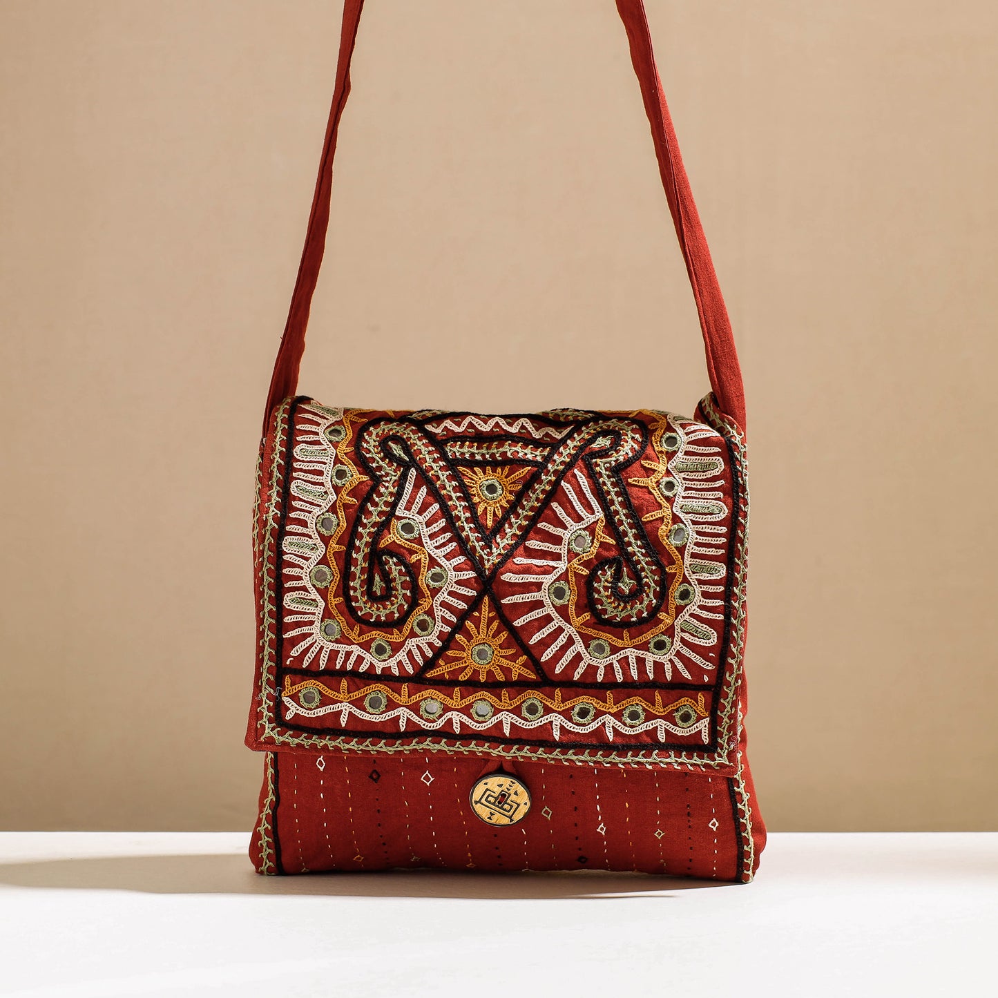 Orange - Kala Raksha Rabari Hand Embroidery Sling Bag