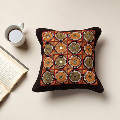 Brown - Kala Raksha Rabari Hand Embroidery Cotton Cushion Cover (13 x 13 in)