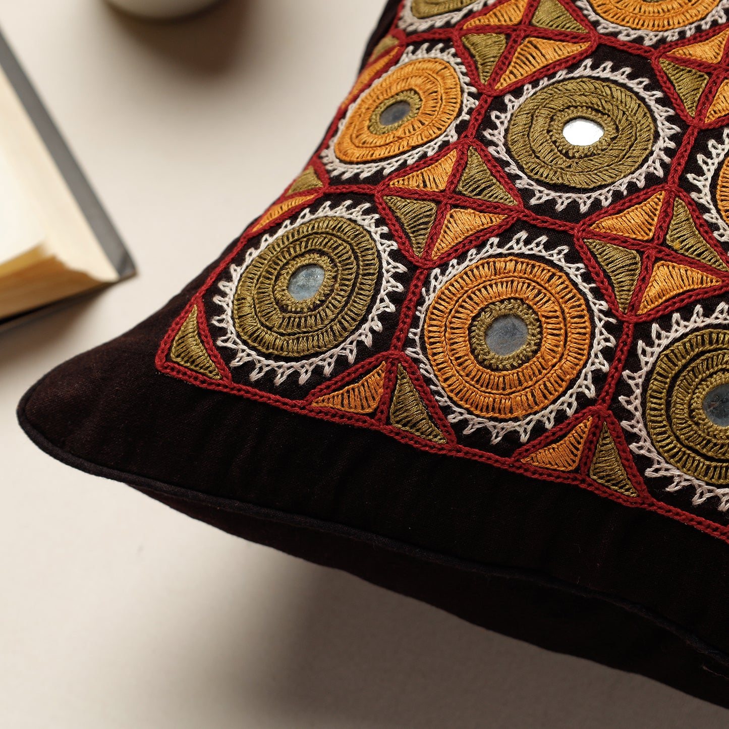 Brown - Kala Raksha Rabari Hand Embroidery Cotton Cushion Cover (13 x 13 in)
