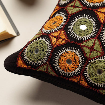 Black - Kala Raksha Rabari Hand Embroidery Cotton Cushion Cover (13 x 13 in)