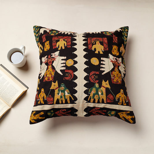 Black - Kala Raksha Applique Cutwork Cotton Cushion Cover (20 x 20 in)