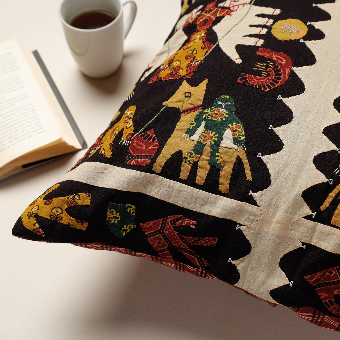 Black - Kala Raksha Applique Cutwork Cotton Cushion Cover (20 x 20 in)