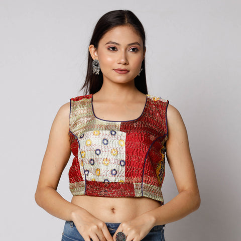 Multicolor - Kantha Embroidery Patchwork Silk Cotton Stitched Blouse