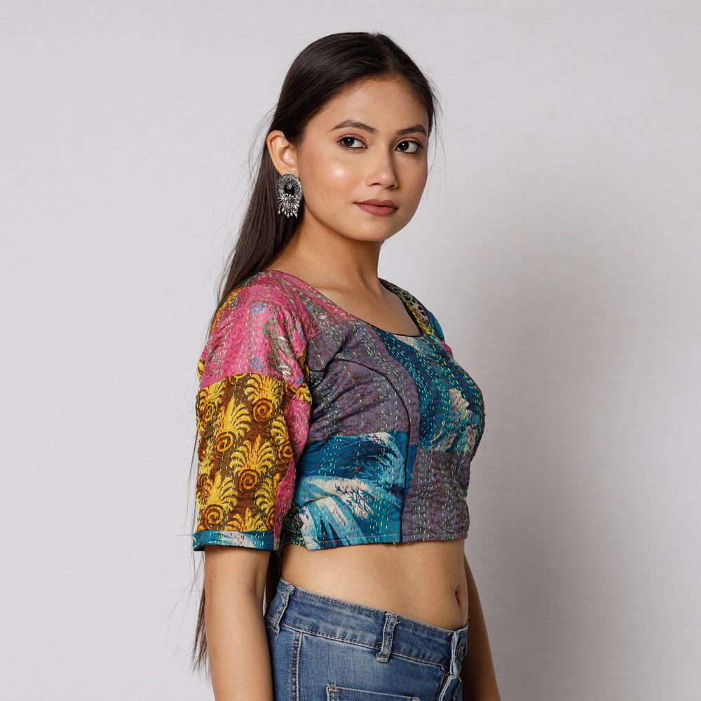 Multicolor - Kantha Embroidery Patchwork Silk Cotton Stitched Blouse