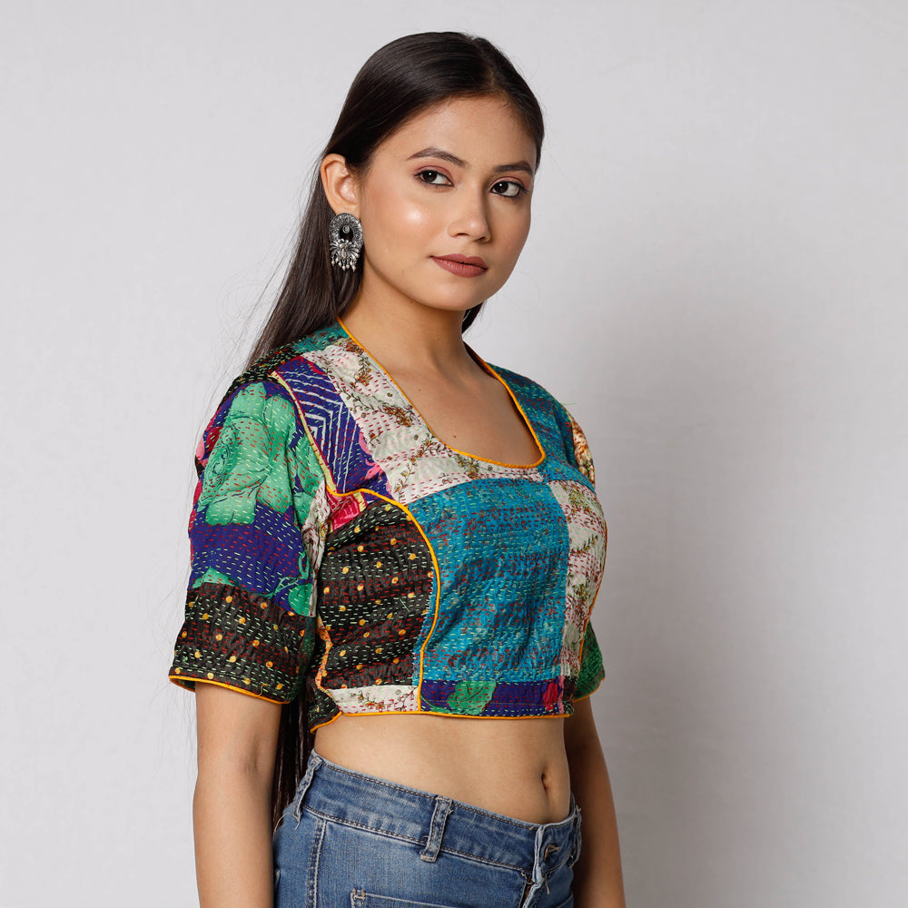 Multicolor - Kantha Embroidery Patchwork Silk Cotton Stitched Blouse