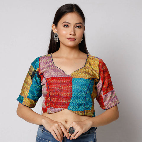 Multicolor - Kantha Embroidery Patchwork Silk Cotton Stitched Blouse