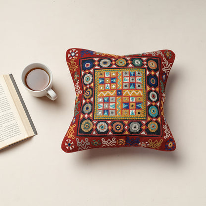 Red - Kala Raksha Rabari Hand Embroidery Cotton Cushion Cover (12 x 12 in)