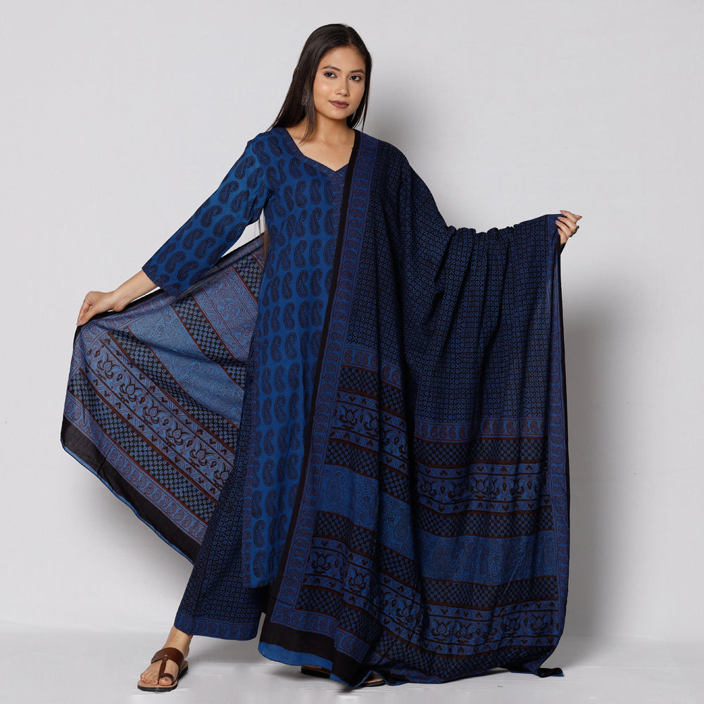 Bagh Block Printing Cotton Kurta with Palazzo & Dupatta Set