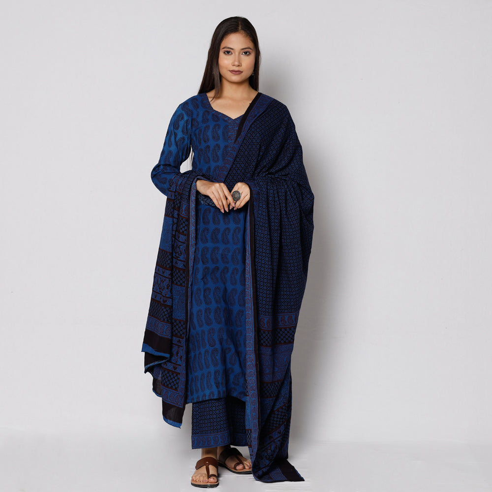 Bagh Block Printing Cotton Kurta with Palazzo & Dupatta Set