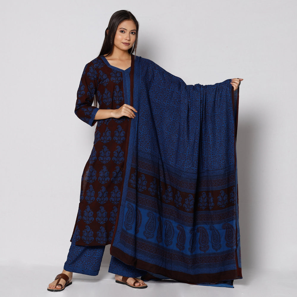 Bagh Block Printing Cotton Kurta with Palazzo & Dupatta Set
