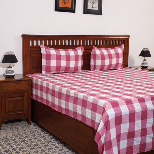 Pink - Checks Pattern Handloom Coimbatore Double Bed Cover with Pillow Cover (103 x 89 in)