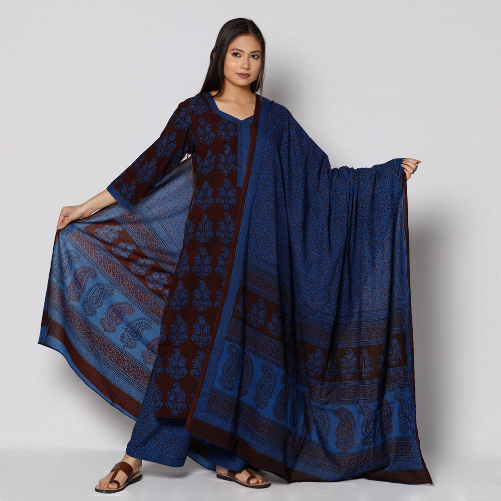 Bagh Block Printing Cotton Kurta with Palazzo & Dupatta Set
