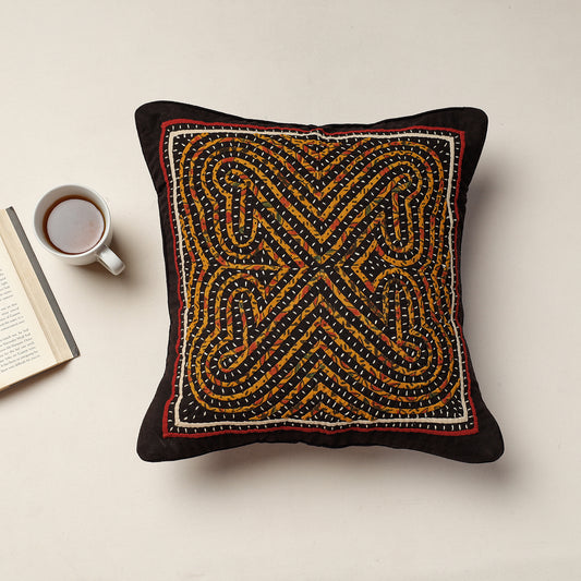 Black - Kala Raksha Rabari Applique Hand Embroidery Cotton Cushion Cover (16 x 16 in)