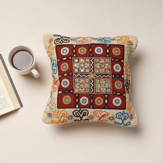 Beige - Kala Raksha Rabari Hand Embroidery Cotton Cushion Cover (12 x 12 in)