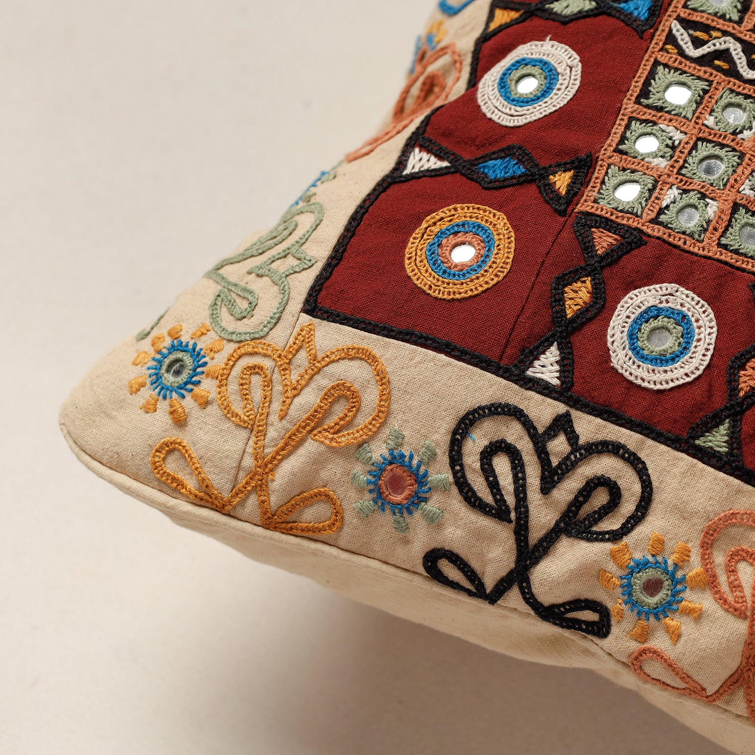  Kala Raksha Rabari Hand Embroidery Cotton Cushion Cover 