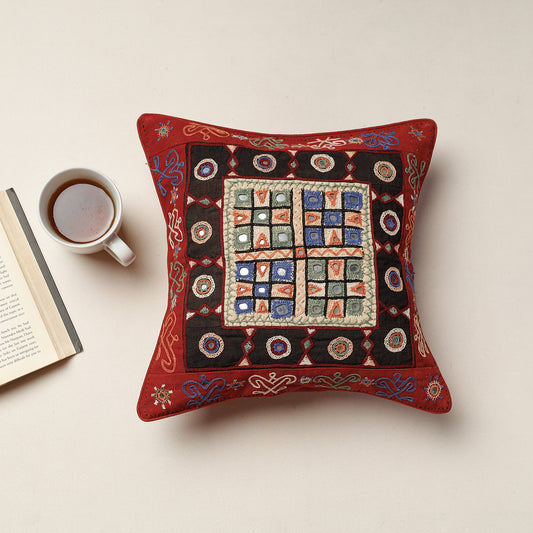 Red - Kala Raksha Rabari Hand Embroidery Cotton Cushion Cover (12 x 12 in)