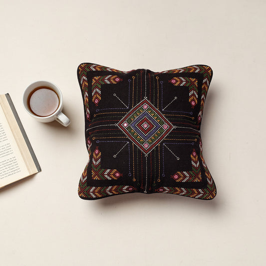 Black - Kala Raksha Jat Hand Embroidery Cotton Cushion Cover (12 x 12 in)