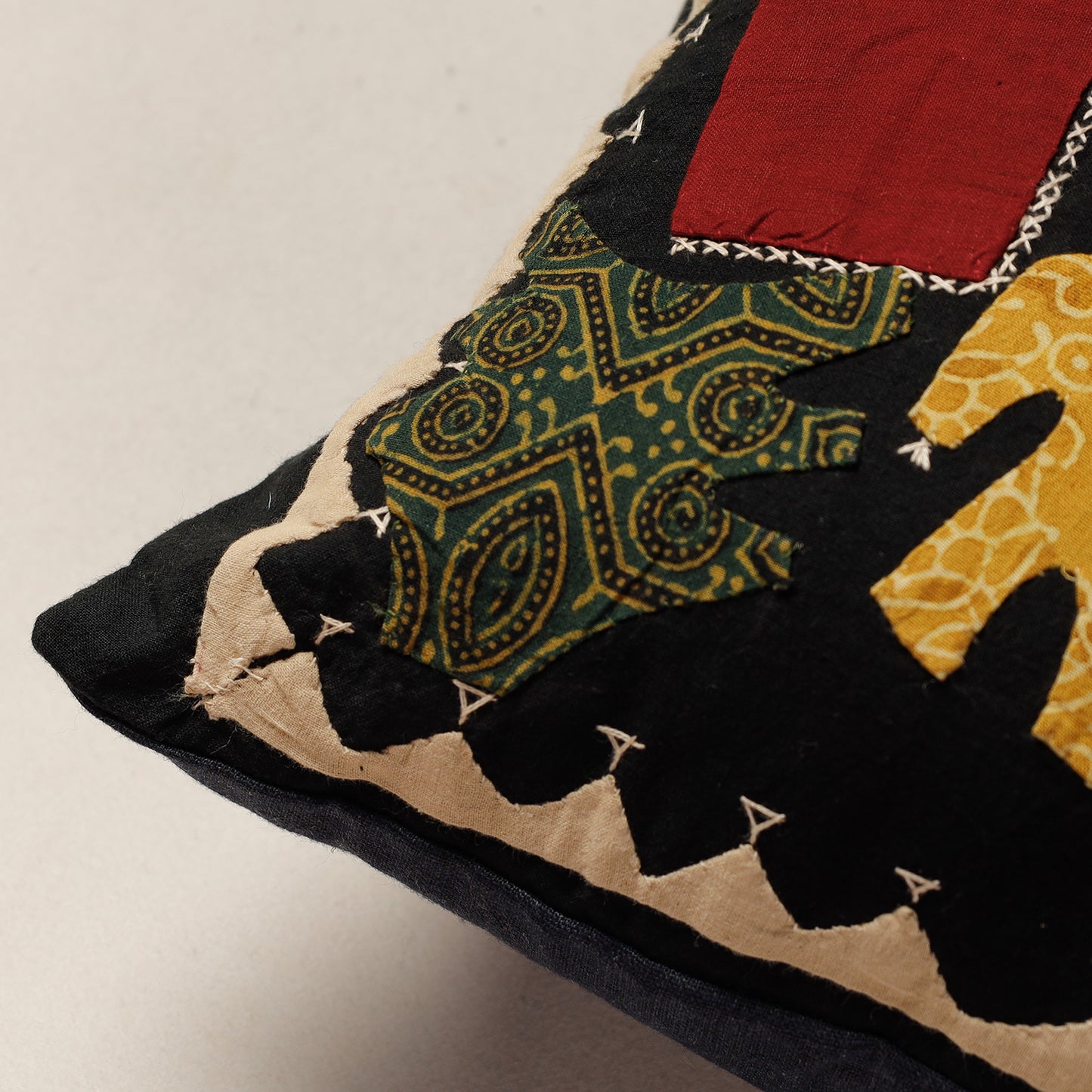 Black - Kala Raksha Applique Cutwork Cotton Cushion Cover (12 x 12 in)