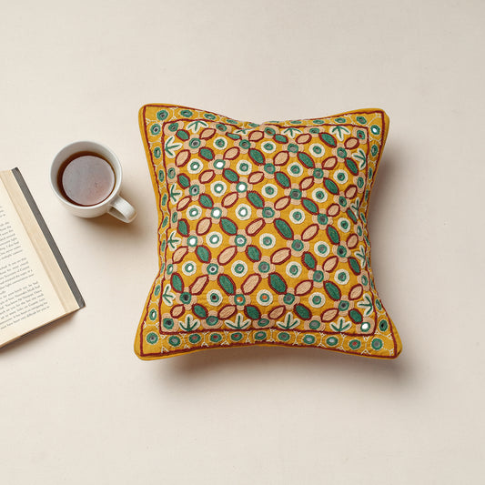 Yellow - Kala Raksha Pakko Hand Embroidery Cotton Cushion Cover (12 x 12 in)