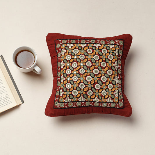 Red - Kala Raksha Pakko Hand Embroidery Cotton Cushion Cover (12 x 12 in)