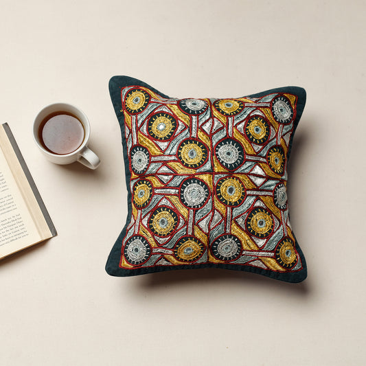 Blue - Kala Raksha Pakko Hand Embroidery Cotton Cushion Cover (12 x 12 in)