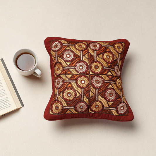 Maroon - Kala Raksha Pakko Hand Embroidery Cotton Cushion Cover (12 x 12 in)