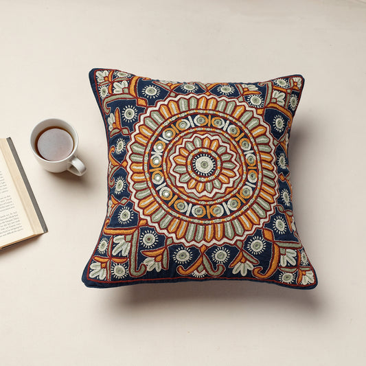 Blue - Kala Raksha Pakko Hand Embroidery Cotton Cushion Cover (16 x 16 in)