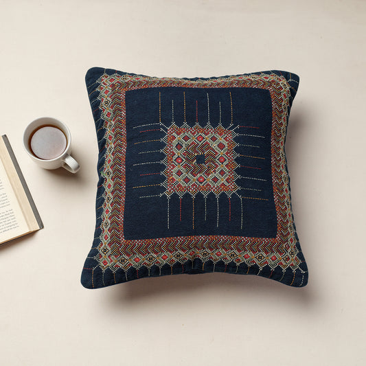 Blue - Kala Raksha Jat Hand Embroidery Cotton Cushion Cover (12 x 12 in)