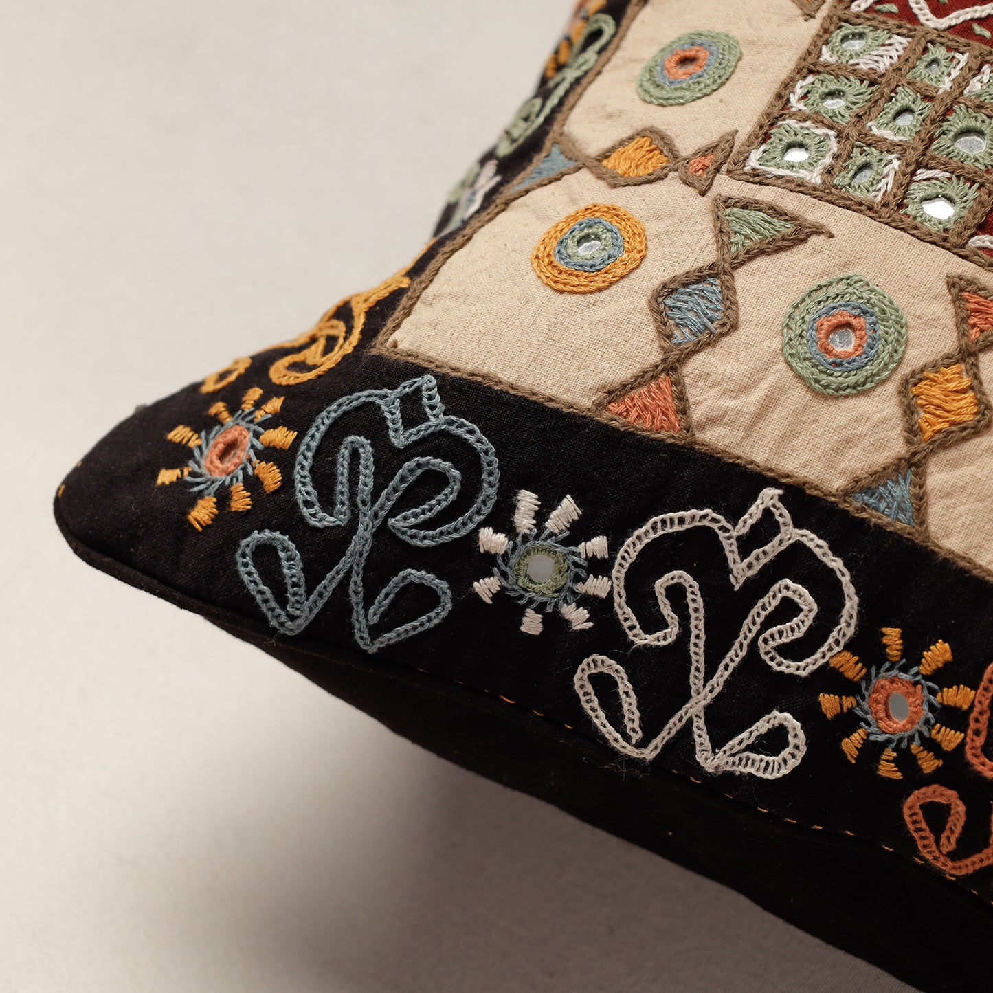 Black - Kala Raksha Rabari Hand Embroidery Cotton Cushion Cover (12 x 12 in)