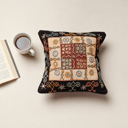 Black - Kala Raksha Rabari Hand Embroidery Cotton Cushion Cover (12 x 12 in)