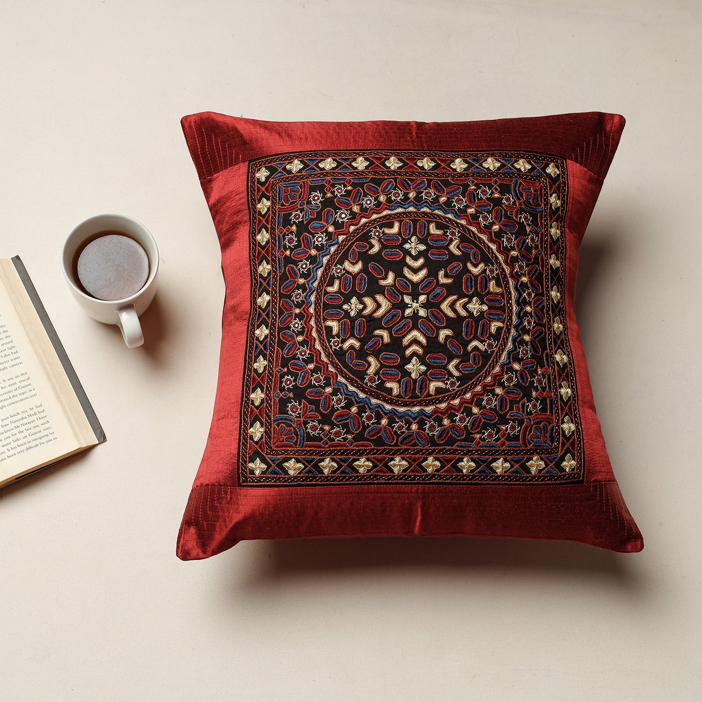 Maroon - Kutch Pakko Hand Embroidery Mashru Silk Cushion Cover (16 x 16 in)