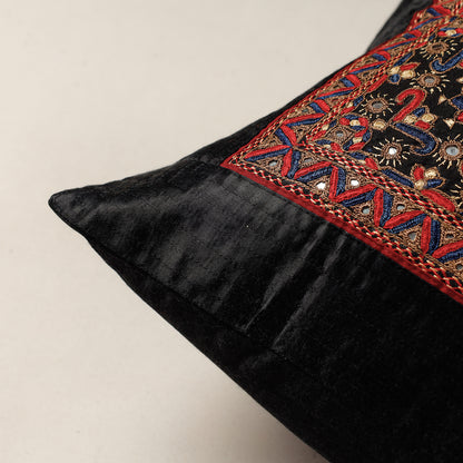 Black - Kutch Pakko Hand Embroidery Mashru Silk Cushion Cover (16 x 16 in)