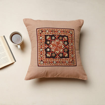 Beige - Kutch Pakko Hand Embroidery Cotton Cushion Cover (16 x 16 in)