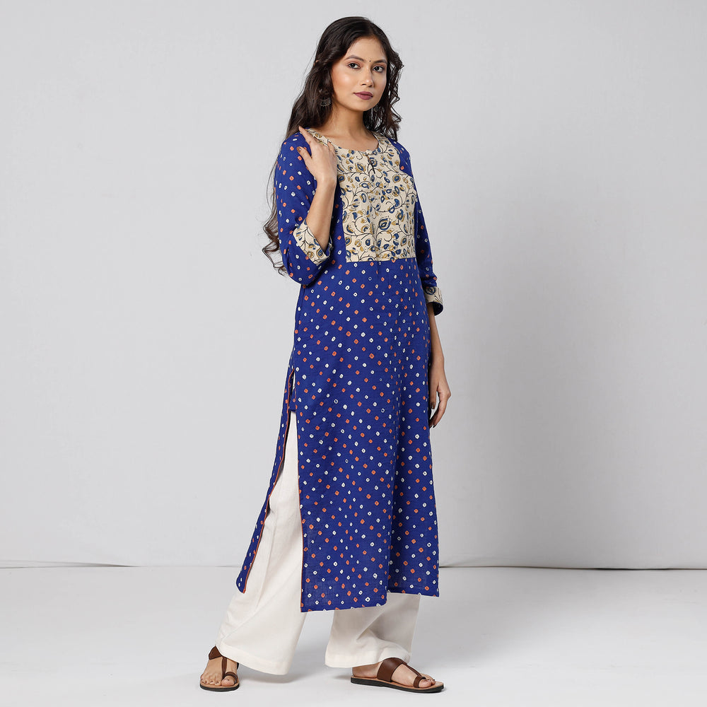 Blue - Bandhani Tie-dye Cotton Long Straight Kurta 01