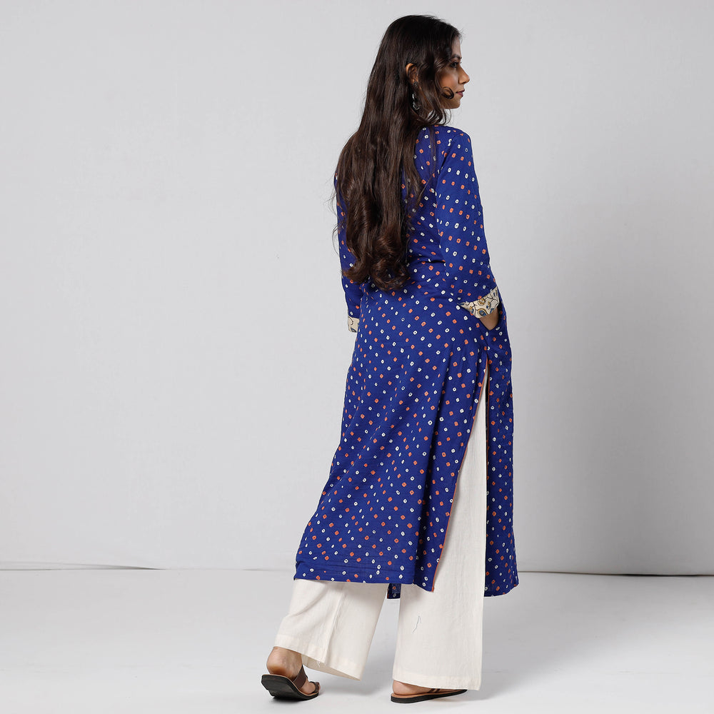 Blue - Bandhani Tie-dye Cotton Long Straight Kurta 01