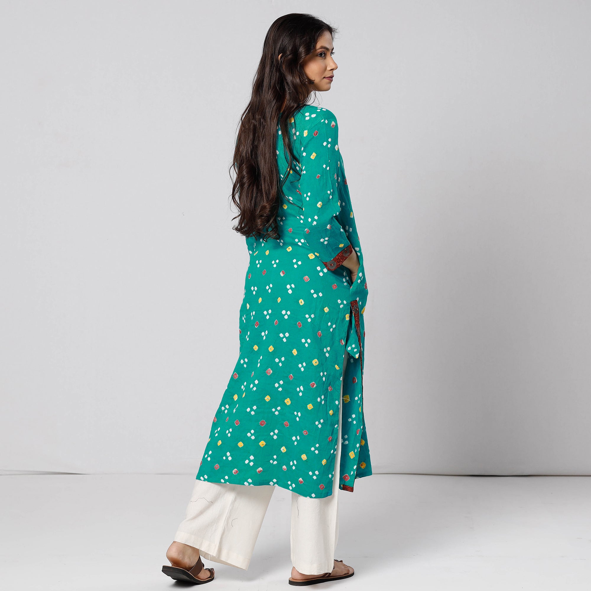 Buy Bandhani Tie-dye Cotton Long Straight Kurta for Women