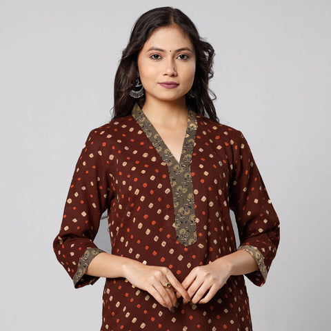 Dark Brown - Bandhani Tie-dye Cotton Long Straight Kurta