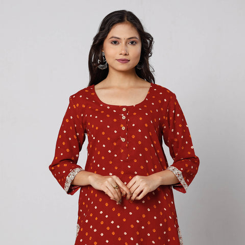 Red - Bandhani Tie-dye Cotton Long Straight Kurta