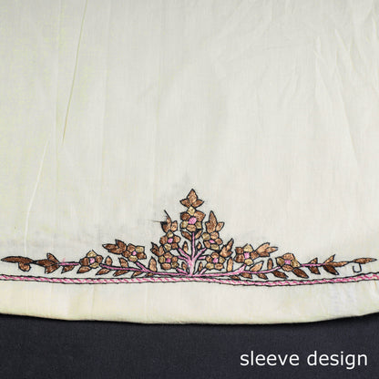 White - Kashmiri Kashidakari Hand Embroidered Cotton Kurti Material - 2.6 M