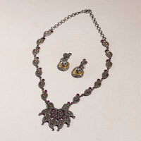 Antique Dual Tone Oxidised Brass Base Stone Necklace Set
