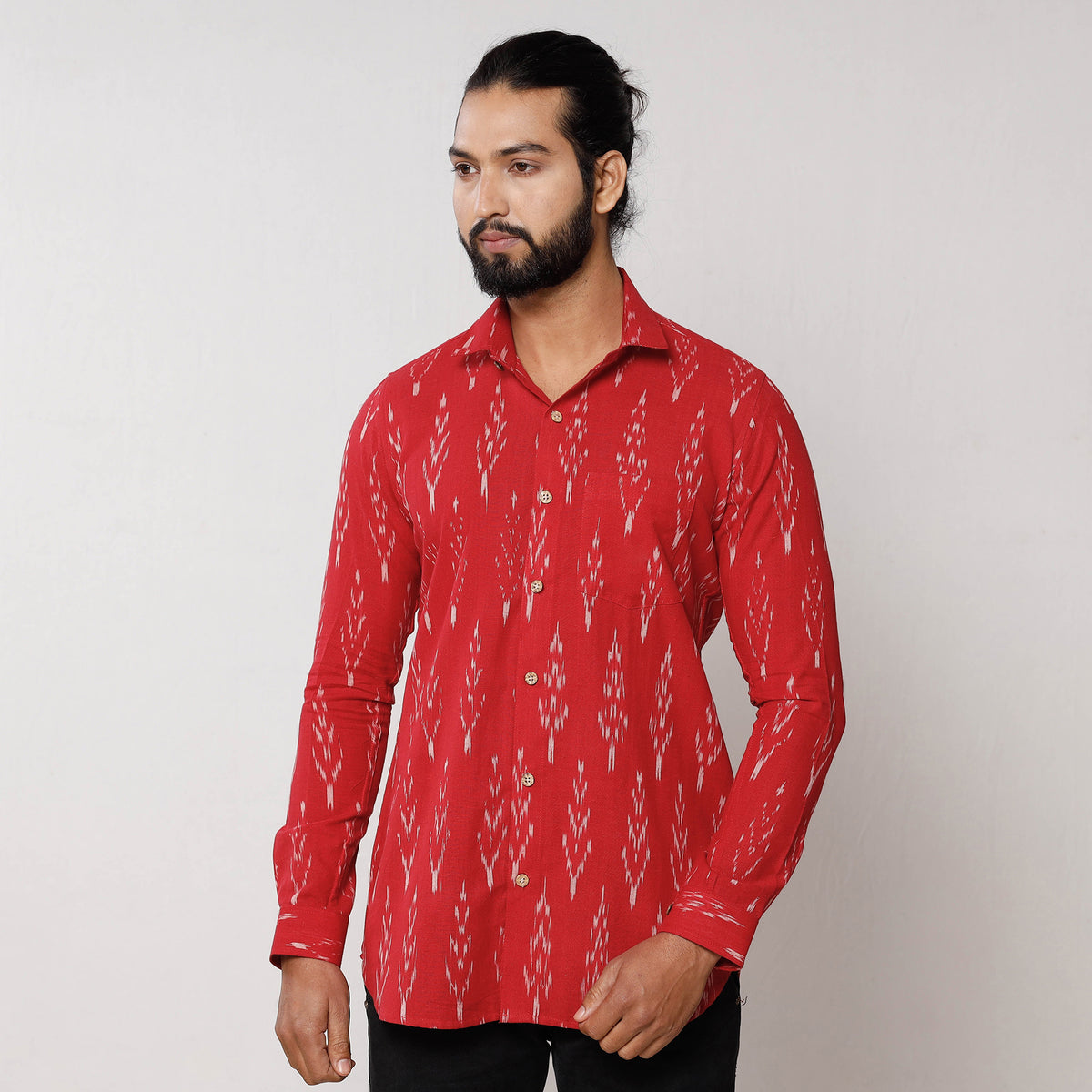 Red - Pochampally Ikat Pure Cotton Men Full Sleeve Shirt