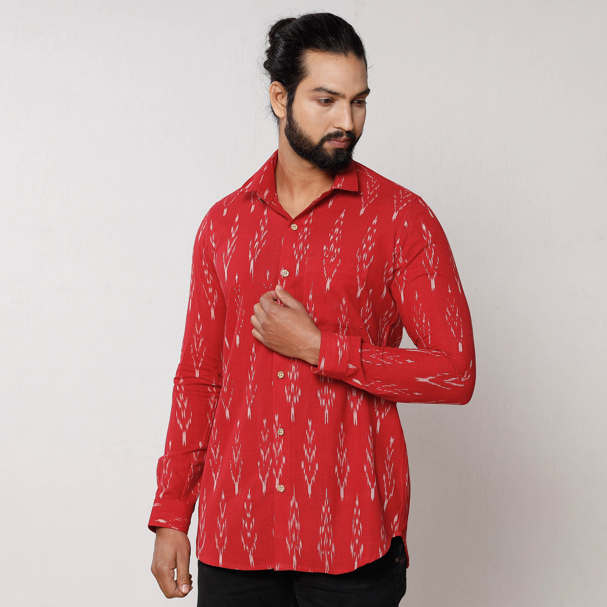 Red - Pochampally Ikat Pure Cotton Men Full Sleeve Shirt