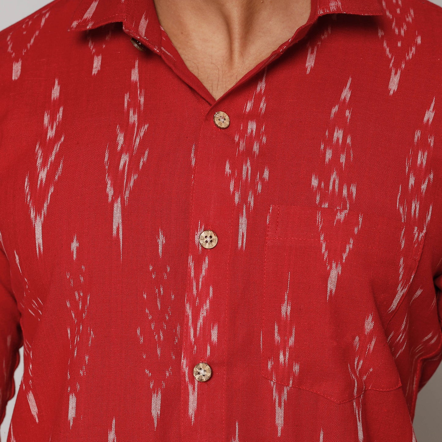 Red - Pochampally Ikat Pure Cotton Men Full Sleeve Shirt