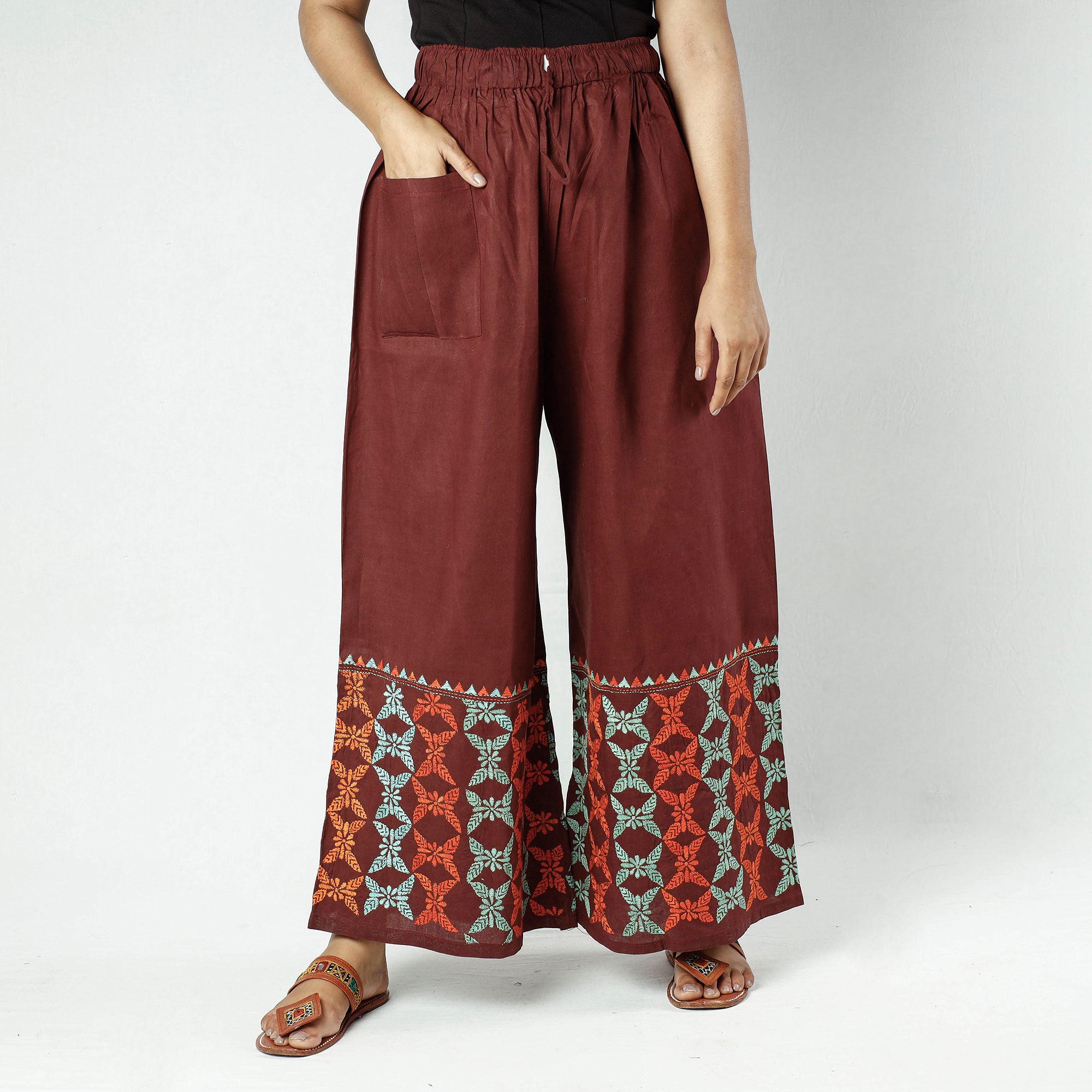 Brown - Cotton Bengal Kantha Embroidery Palazzo