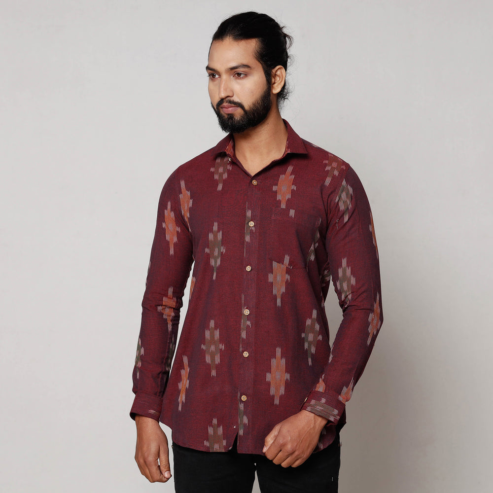 Maroon - Pochampally Ikat Pure Cotton Men Full Sleeve Shirt