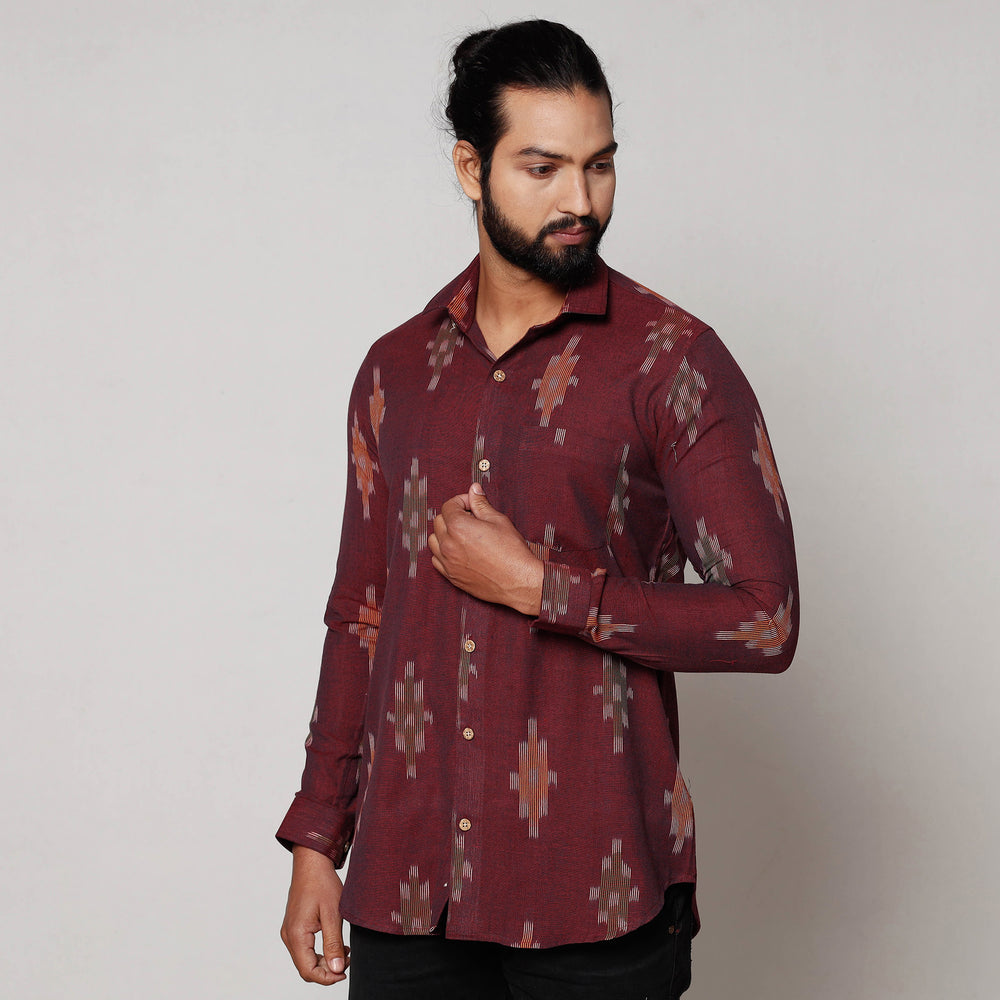 Maroon - Pochampally Ikat Pure Cotton Men Full Sleeve Shirt