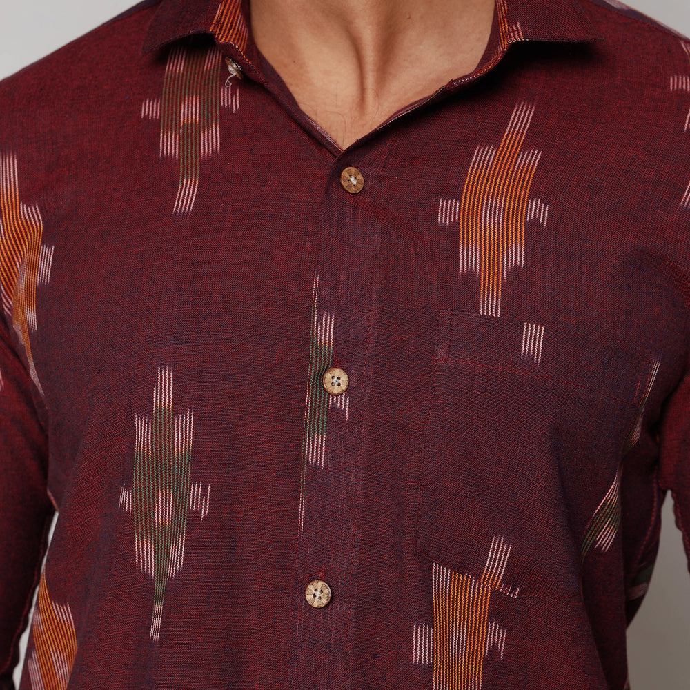 Maroon - Pochampally Ikat Pure Cotton Men Full Sleeve Shirt