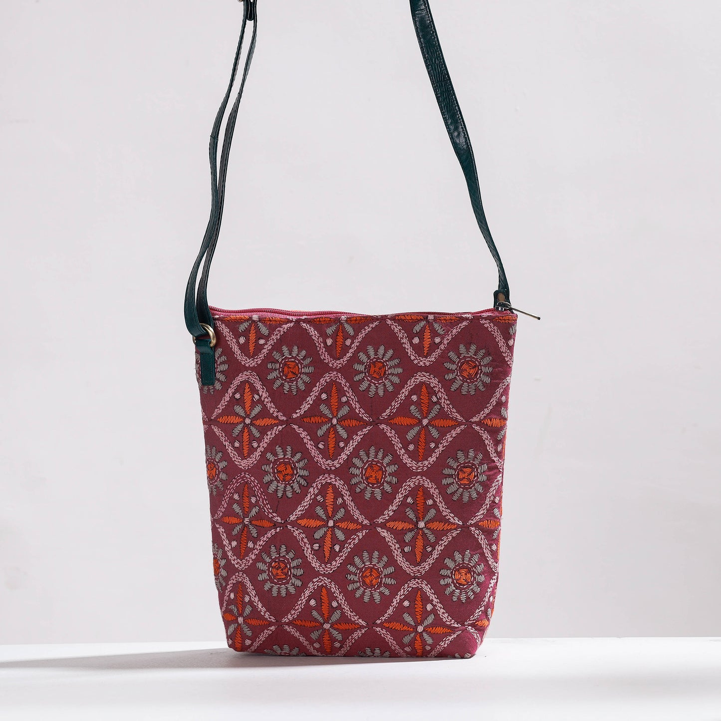 Purple - Handcrafted Kantha Embroidery Cotton & Leather Sling Bag