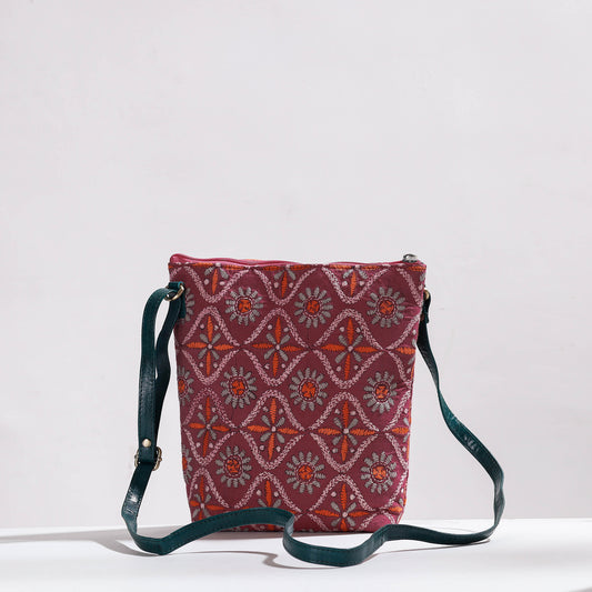 Purple - Handcrafted Kantha Embroidery Cotton & Leather Sling Bag
