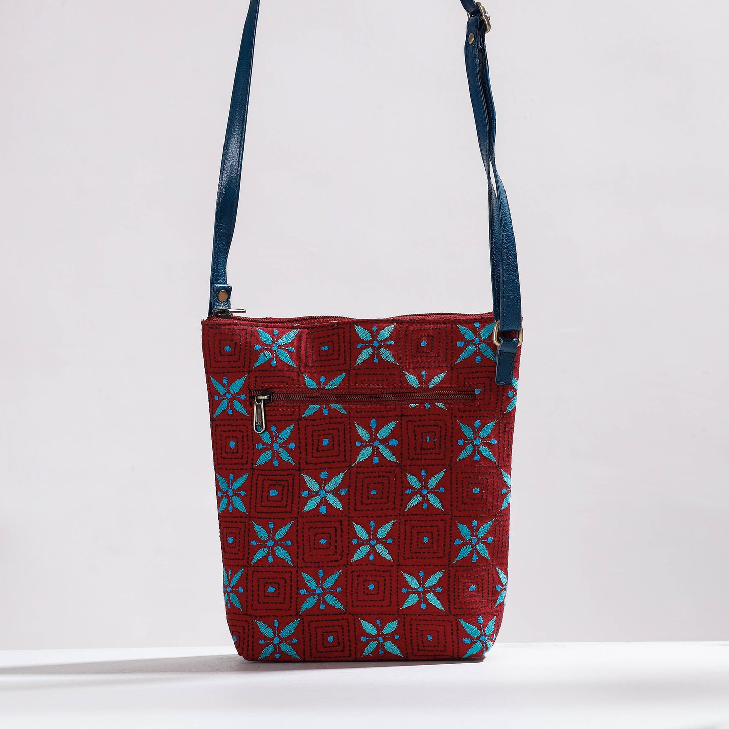 Maroon - Handcrafted Kantha Embroidery Cotton & Leather Sling Bag
